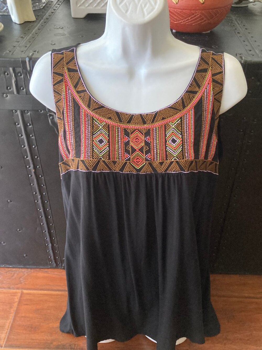 Spense Black Rayon Tank Embroidered Yolk Large